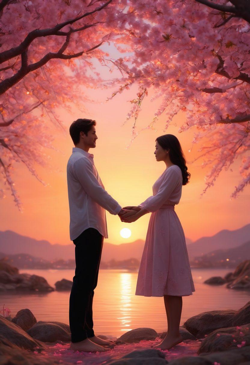 A serene couple sharing a tender moment under a blooming cherry blossom tree, their hands intertwined, surrounded by soft glowing lights that symbolize warmth and connection. Gentle petals fall around them, creating a dreamy atmosphere. The background features a tranquil sunset, reflecting shades of pink and orange to highlight the theme of love and intimacy. super-realistic. vibrant colors. dreamy atmosphere.