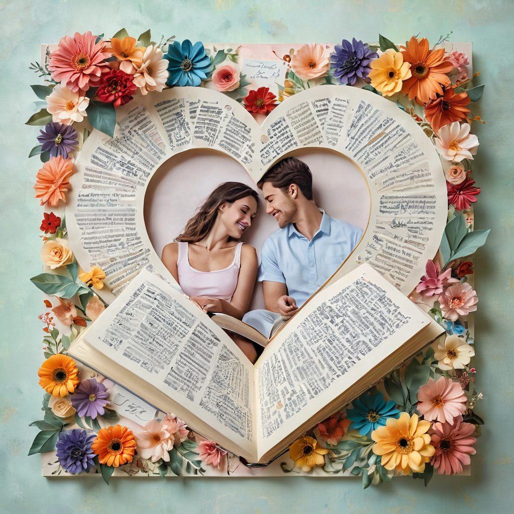 A heart-shaped collage made up of diverse couples sharing intimate moments, their expressions ranging from laughter to gentle gazes, surrounded by delicate floral accents. Soft pastel colors fill the background, with subtle waves symbolizing the ebb and flow of love. Include an open book with love notes scattered around, representing the stories of their connections. vibrant colors. soft focus. romantic atmosphere.