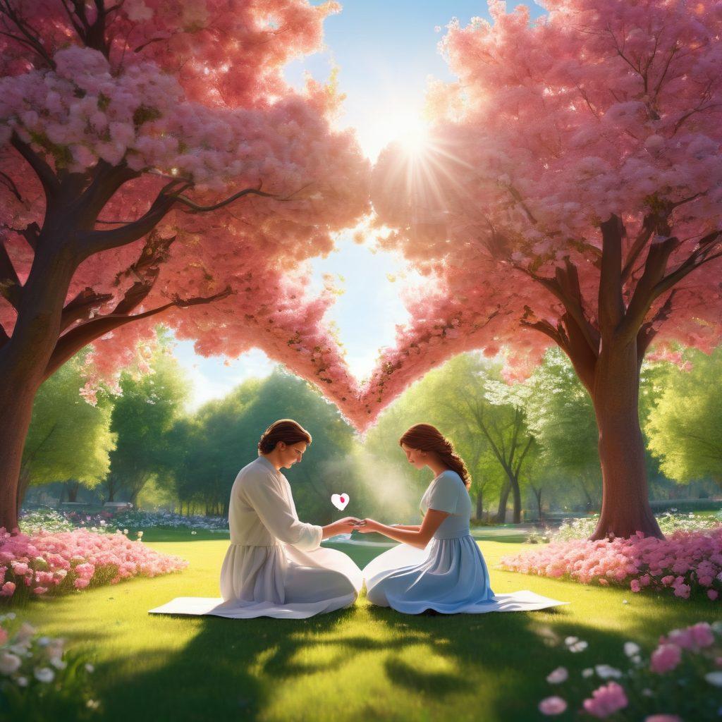 A romantic scene featuring a couple exchanging heartfelt letters in a serene park, surrounded by blooming flowers, soft sunlight filtering through the trees. Include symbols of love like intertwined hands and a heart-shaped cloud in the sky, evoking a sense of connection and commitment. The atmosphere should feel warm and intimate. 3D. vibrant colors. soft focus.